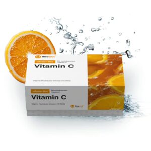 Das Bild zeigt die Vitamin C Box mit Wasserspritzer und einer frischen Orangenschale und dient als Hauptproduktbild.