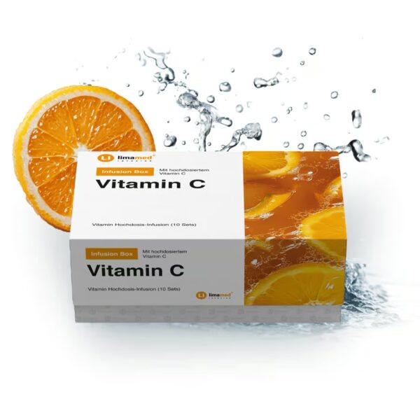Das Bild zeigt die Vitamin C Box mit Wasserspritzer und einer frischen Orangenschale und dient als Hauptproduktbild.